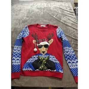 Jolly Sweaters Ugly Christmas Red Sweater Reindeer Deer Camo‎ Beer Pocket Men L